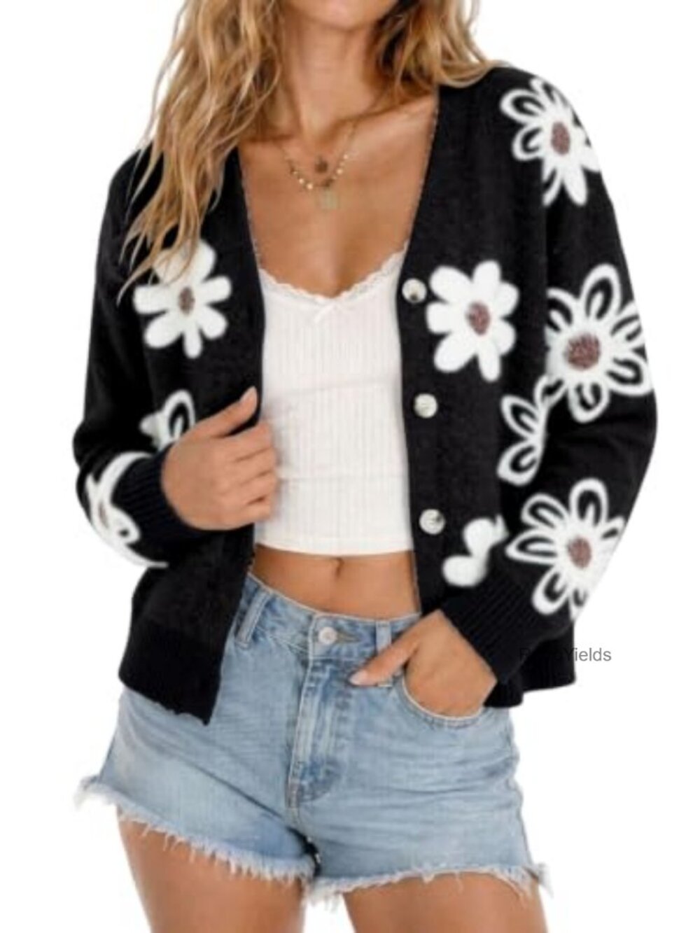 Faux Mink Floral Jacquard Cropped Cardigan Button Down V-Neck Sweater